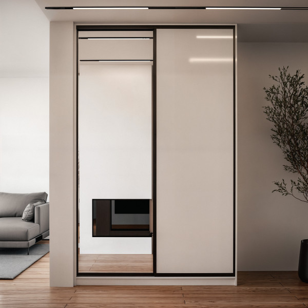 Szafa docinana na wymiar Biała 124–163 cm z drzwiami przesuwnymi i bokiem - 1x lustro i 1x szkło białe - profil czarny