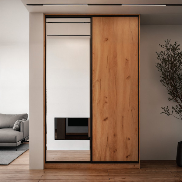 Szafa docinana na wymiar Dąb Craft 124–163 cm z drzwiami przesuwnymi i bokiem - 1x lustro i 1x płyta dąb craft - profil czarny