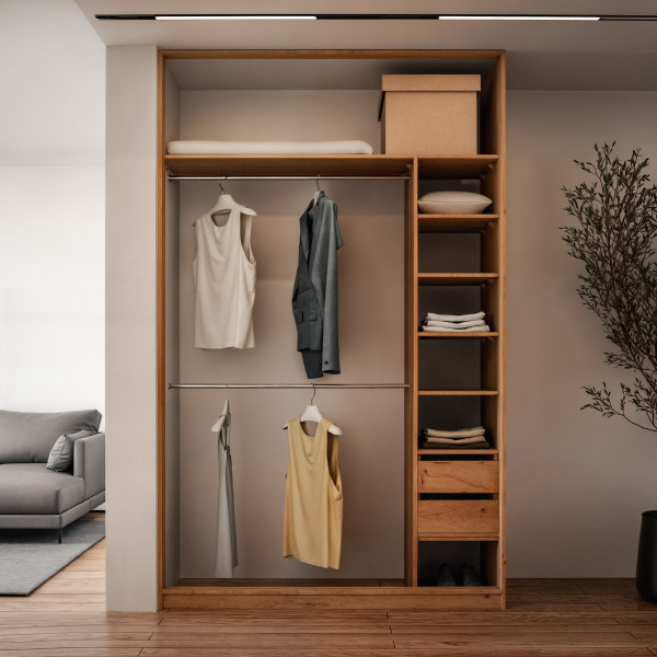 Szafa docinana na wymiar Dąb Craft 124–163 cm z drzwiami przesuwnymi i bokiem - 1x lustro i 1x płyta dąb craft - profil czarny