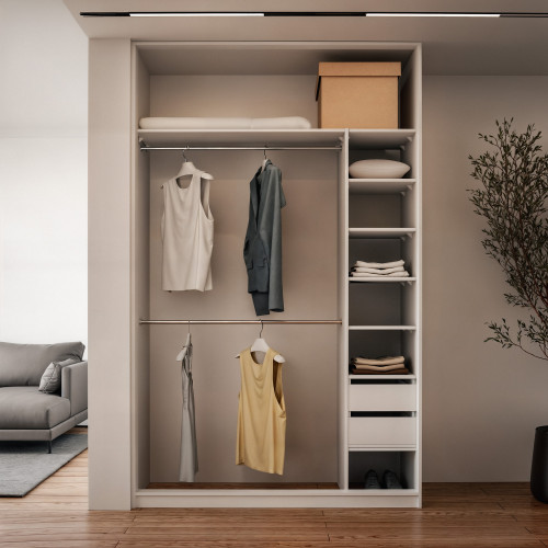 Szafa docinana na wymiar Biała 124-163 cm z drzwiami przesuwnym i bokiem - 2x szkło białe - profil biały