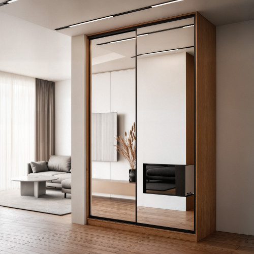 Szafa docinana na wymiar Dąb Craft 124–163 cm z drzwiami przesuwnymi i bokiem - 2x lustro - profil czarny