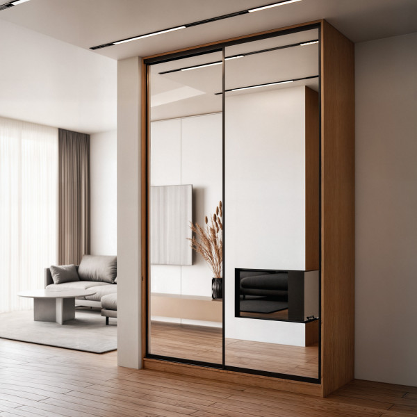 Szafa docinana na wymiar Dąb Craft 124–163 cm z drzwiami przesuwnymi i bokiem - 2x lustro - profil czarny