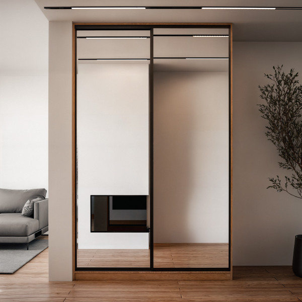 Szafa docinana na wymiar Dąb Craft 124–163 cm z drzwiami przesuwnymi i bokiem - 2x lustro - profil czarny