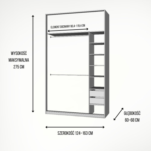 Szafa docinana na wymiar Dąb Craft 124–163 cm z drzwiami przesuwnymi i bokiem - 2x szkło grafitowe - profil czarny