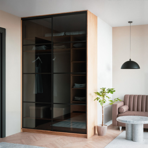 Szafa docinana na wymiar Dąb Craft 124–163 cm z drzwiami przesuwnymi i bokiem - 2x szkło grafitowe - profil czarny