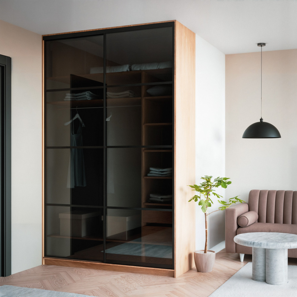 Szafa docinana na wymiar Dąb Craft 124–163 cm z drzwiami przesuwnymi i bokiem - 2x szkło grafitowe - profil czarny