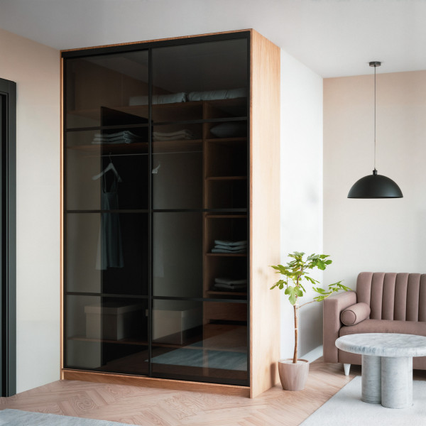 Szafa docinana na wymiar Dąb Craft 124–163 cm z drzwiami przesuwnymi i bokiem - 2x szkło grafitowe - profil czarny