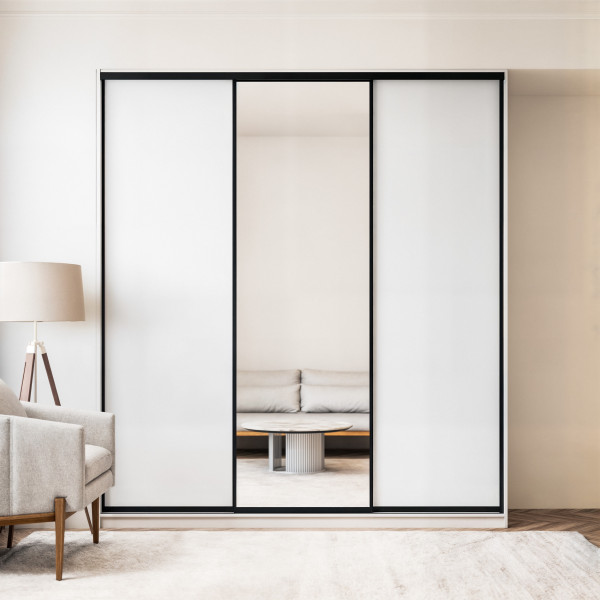 Szafa docinana na wymiar Biała 225–285 cm z drzwiami przesuwnymi i bokiem - 1x lustro i 2x szkło białe - profil czarny