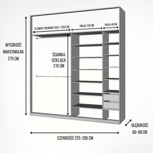 Szafa docinana na wymiar Biała 225–285 cm z drzwiami przesuwnymi i bokiem - 2x lustro i 1x szkło białe - profil czarny