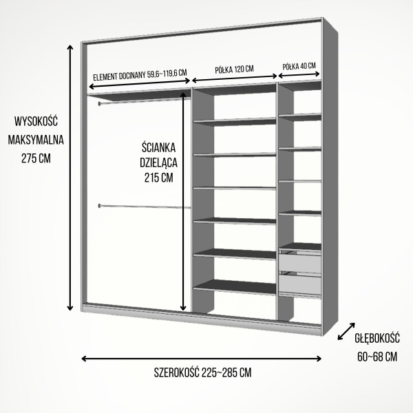 Szafa docinana na wymiar Biała 225–285 cm z drzwiami przesuwnymi i bokiem - 3x lustro - profil czarny