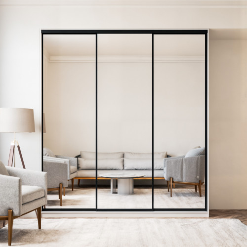 Szafa docinana na wymiar Biała 225–285 cm z drzwiami przesuwnymi i bokiem - 3x lustro - profil czarny