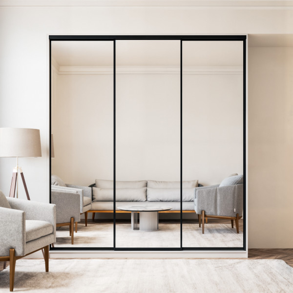 Szafa docinana na wymiar Biała 225–285 cm z drzwiami przesuwnymi i bokiem - 3x lustro - profil czarny