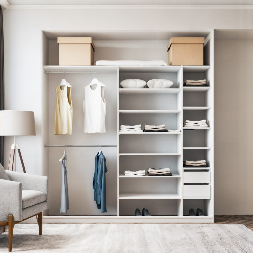 Szafa docinana na wymiar Biała 225–285 cm z drzwiami przesuwnymi i bokiem - 3x szkło białe - profil czarny