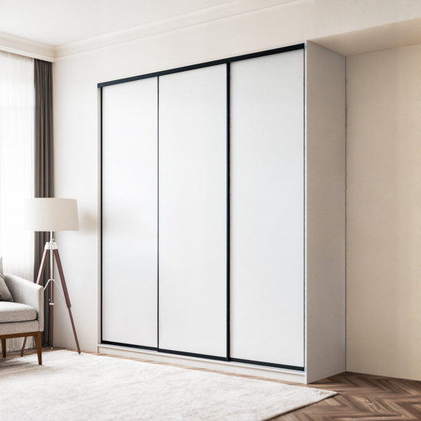 Szafa docinana na wymiar Biała 225–285 cm z drzwiami przesuwnymi i bokiem - 3x szkło białe - profil czarny