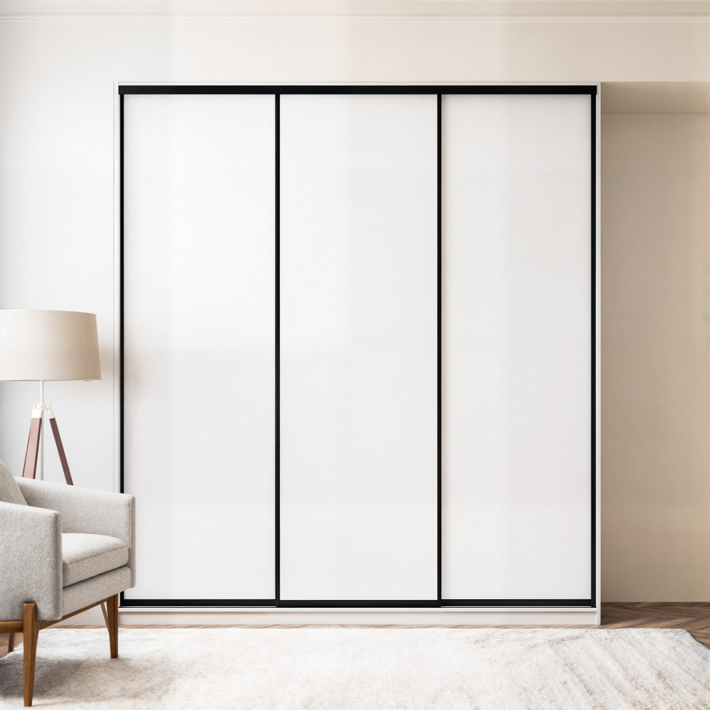 Szafa docinana na wymiar Biała 225–285 cm z drzwiami przesuwnymi i bokiem - 3x szkło białe - profil czarny