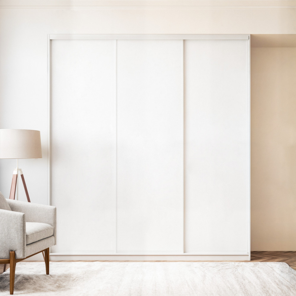 Szafa docinana na wymiar Biała 225–285 cm z drzwiami przesuwnymi i bokiem - 3x szkło białe - profil biały