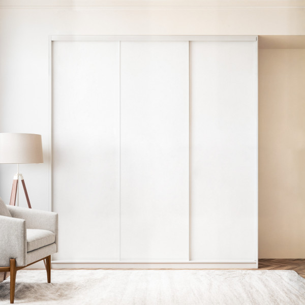 Szafa docinana na wymiar Biała 225–285 cm z drzwiami przesuwnymi i bokiem - 3x szkło białe - profil biały