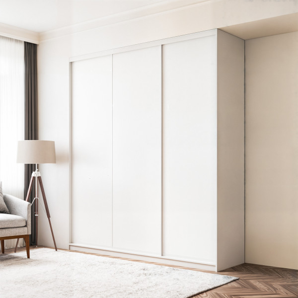 Szafa docinana na wymiar Biała 225–285 cm z drzwiami przesuwnymi i bokiem - 3x szkło białe - profil biały