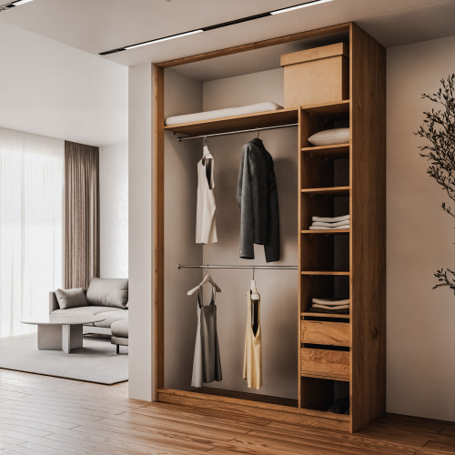 Szafa docinana na wymiar Dąb Craft 124–163 cm z drzwiami przesuwnymi i bokiem - 1x lustro i 1x płyta dąb craft - profil czarny