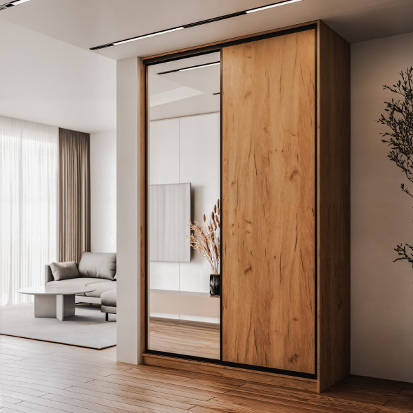 Szafa docinana na wymiar Dąb Craft 124–163 cm z drzwiami przesuwnymi i bokiem - 1x lustro i 1x płyta dąb craft - profil czarny