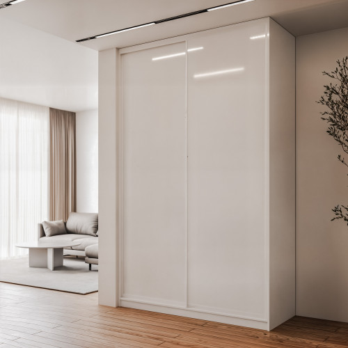 Szafa docinana na wymiar Biała 124-163 cm z drzwiami przesuwnym i bokiem - 2x szkło białe - profil biały