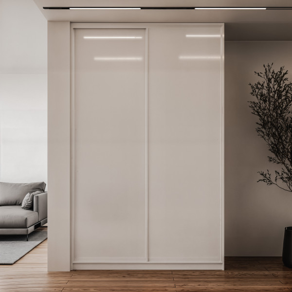 Szafa docinana na wymiar Biała 124-163 cm z drzwiami przesuwnym i bokiem - 2x szkło białe - profil biały