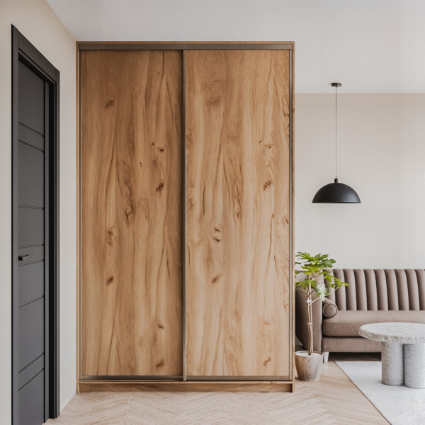 Szafa docinana na wymiar Dąb Craft 124–163 cm z drzwiami przesuwnymi i bokiem - 2x płyta dąb craft - profil satyna