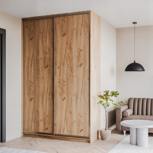 Szafa docinana na wymiar Dąb Craft 124–163 cm z drzwiami przesuwnymi i bokiem - 2x płyta dąb craft - profil satyna