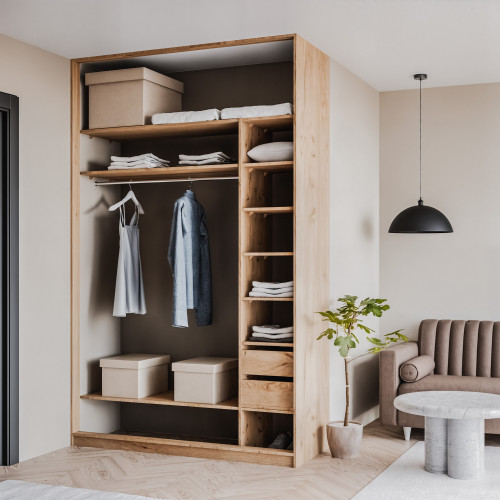 Szafa docinana na wymiar Dąb Craft 124–163 cm z drzwiami przesuwnymi i bokiem - 2x płyta dąb craft - profil satyna