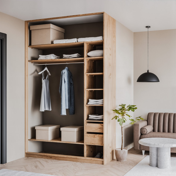 Szafa docinana na wymiar Dąb Craft 124–163 cm z drzwiami przesuwnymi i bokiem - 2x płyta dąb craft - profil satyna