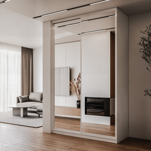 Szafa docinana na wymiar Biała 124-163 cm z drzwiami przesuwnym i bokiem - 2x lustro - profil biały