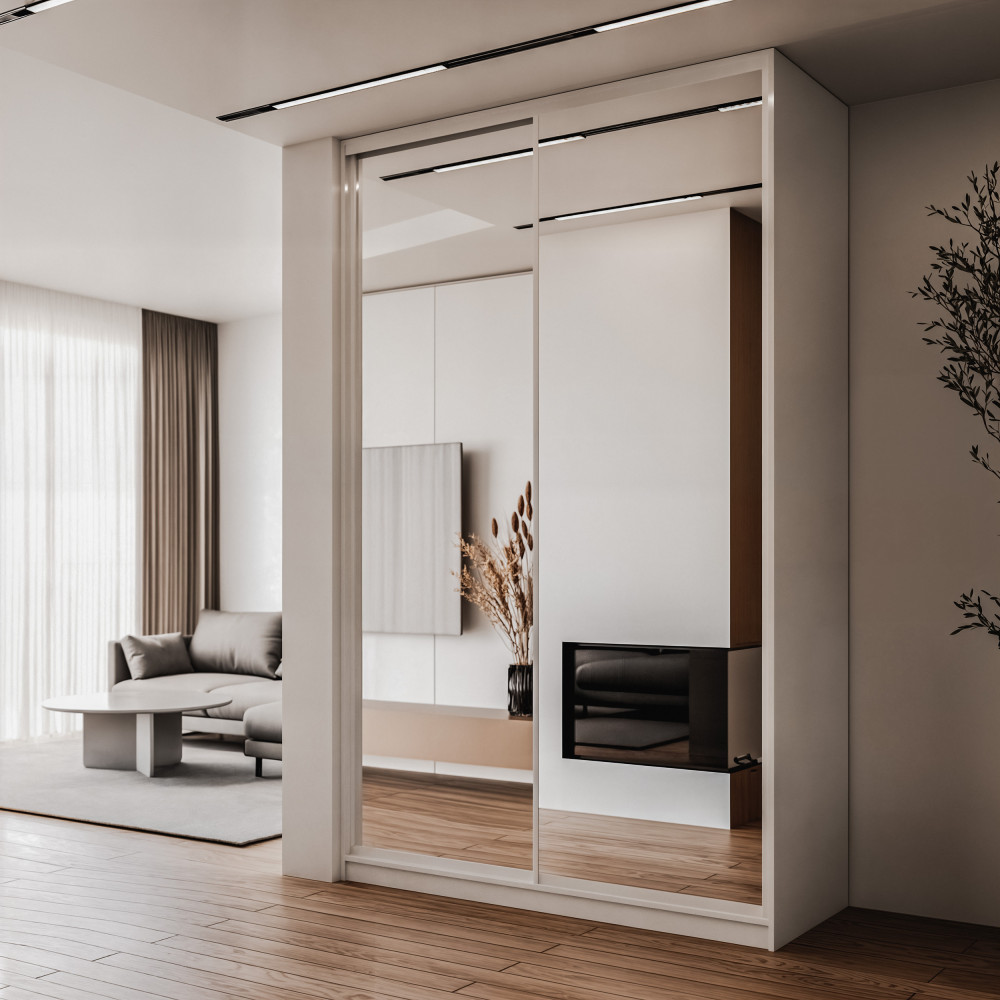 Szafa docinana na wymiar Biała 124-163 cm z drzwiami przesuwnym i bokiem - 2x lustro - profil biały