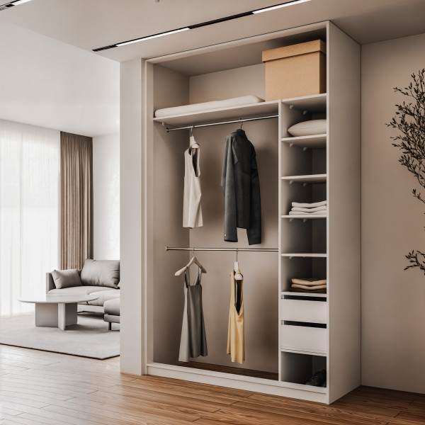 Szafa docinana na wymiar Biała 124-163 cm z drzwiami przesuwnym i bokiem - 2x lustro - profil biały