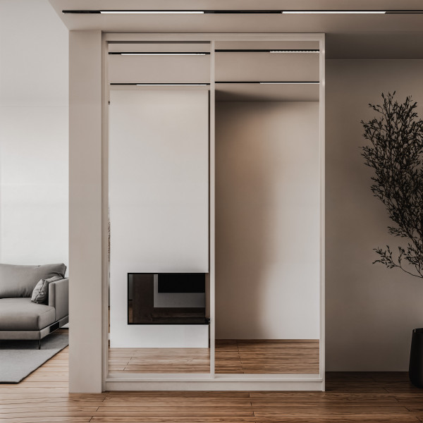 Szafa docinana na wymiar Biała 124-163 cm z drzwiami przesuwnym i bokiem - 2x lustro - profil biały