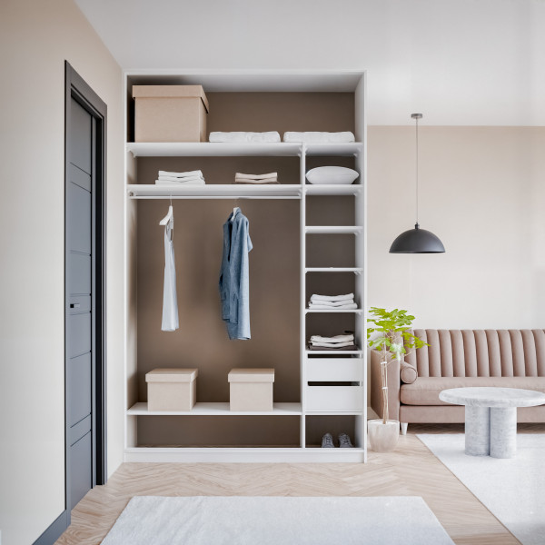 Szafa docinana na wymiar Biała 124-163 cm z drzwiami przesuwnym i bokiem - 1x szkło białe i 1x szkło grafitowe - profil czarny