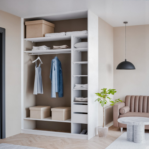 Szafa docinana na wymiar Biała 124-163 cm z drzwiami przesuwnym i bokiem - 1x szkło białe i 1x szkło grafitowe - profil czarny