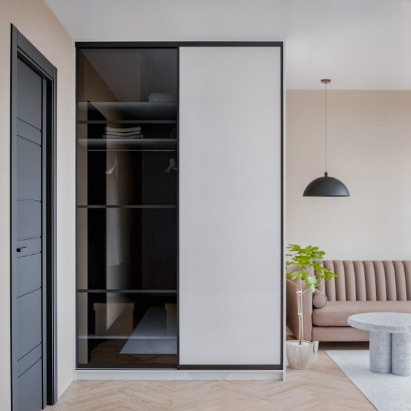 Szafa docinana na wymiar Biała 124-163 cm z drzwiami przesuwnym i bokiem - 1x szkło białe i 1x szkło grafitowe - profil czarny