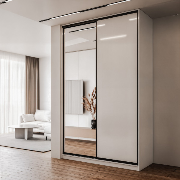 Szafa docinana na wymiar Biała 124–163 cm z drzwiami przesuwnymi i bokiem - 1x lustro i 1x szkło białe - profil czarny