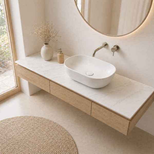 Blat łazienkowy HPL z otworami do szafki 50cm 51×47cm Calacatta Olympus K551SU