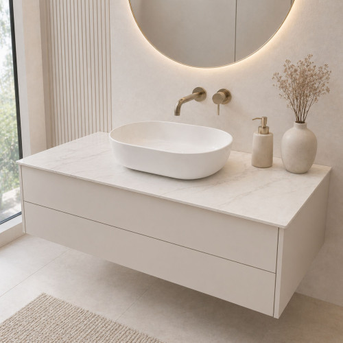 Blat łazienkowy HPL z otworami do szafki 125cm 125×47cm Calacatta Olympus K551SU