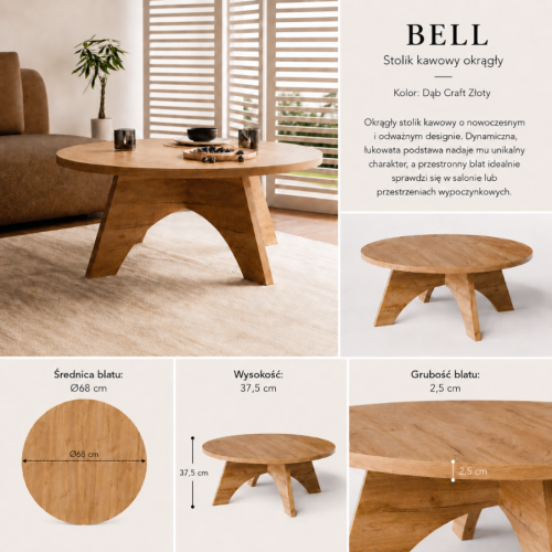 Stolik kawowy okrągły BELL  Ø68 cm Dąb Craft