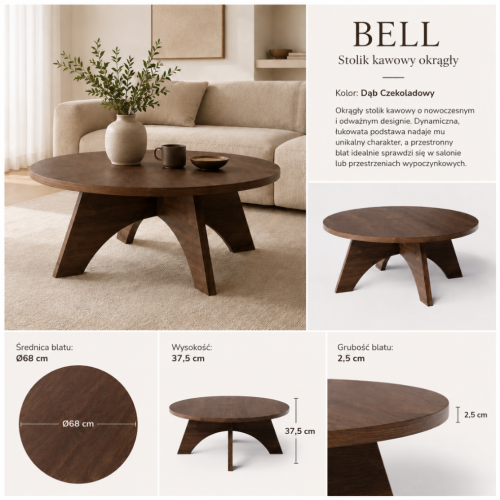 Stolik kawowy okrągły BELL  Ø68 cm Dąb Czekoladowy